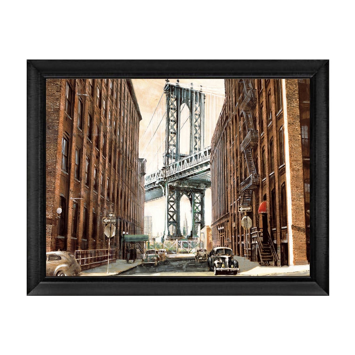 Siyah çerçeveli Manhattan köprüsü ve nostaljik New York sokak tablosu ls-094 - Çamlıca Home