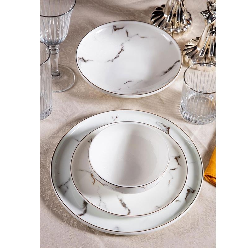 Massimo Marble Gold 24 parçalık 6 kişilik yemek takımı. Beyaz porselen üzerine siyah mermer desenli ve gold (altın) detaylı şık sofra seti. (MS-2412)