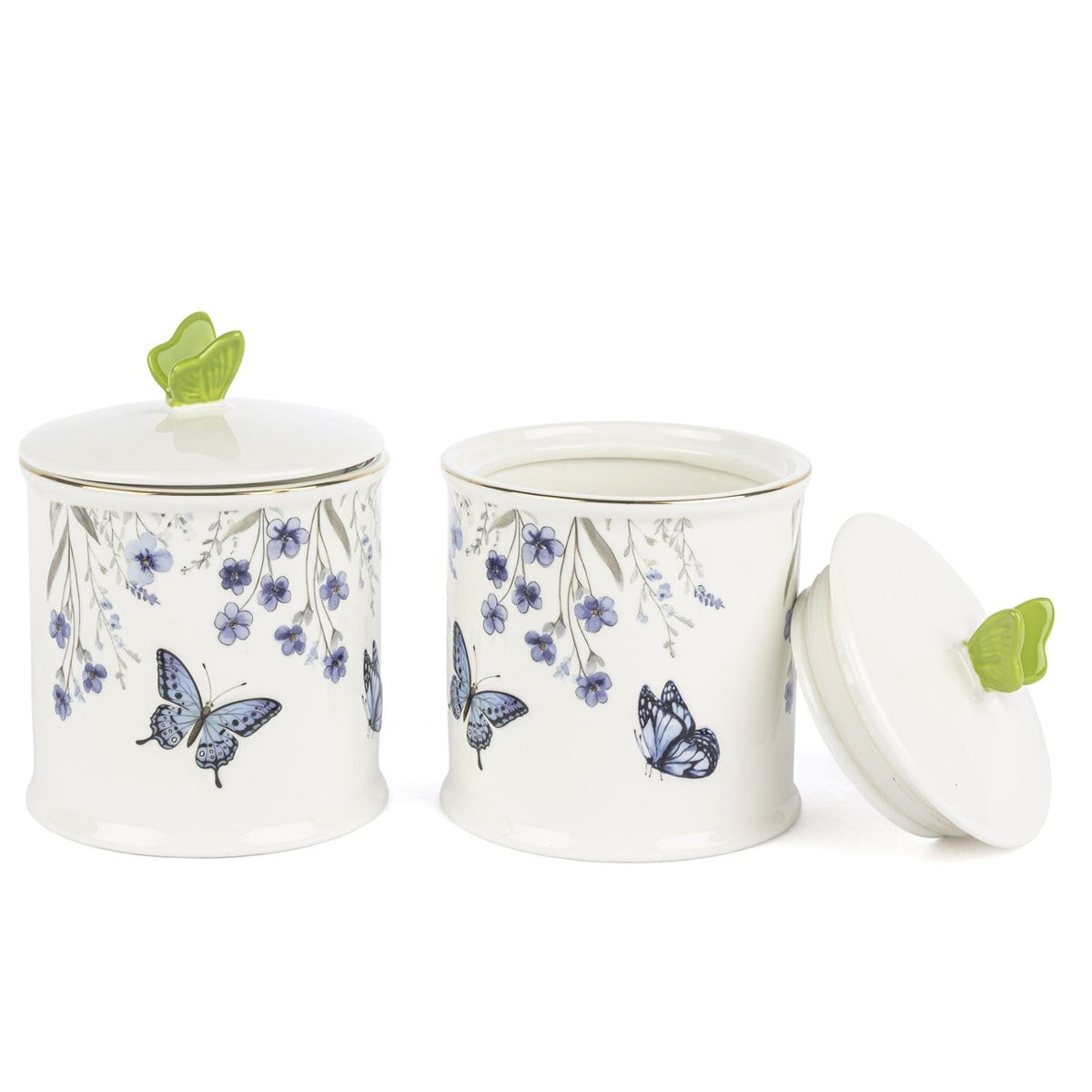 Mikasa Moor Butterfly Lovers serisi mavi kelebek desenli porselen 2li kavanoz seti ve dekoratif mutfak saklama kabi
