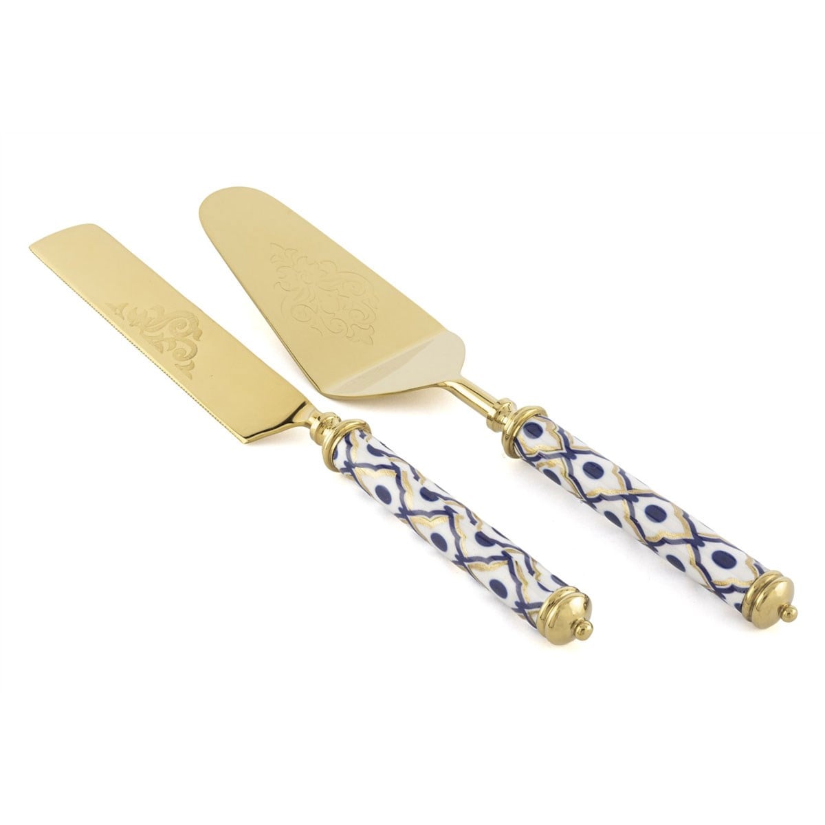 Şık davet sofraları için tasarlanmış porselen saplı gold pasta servis takımı