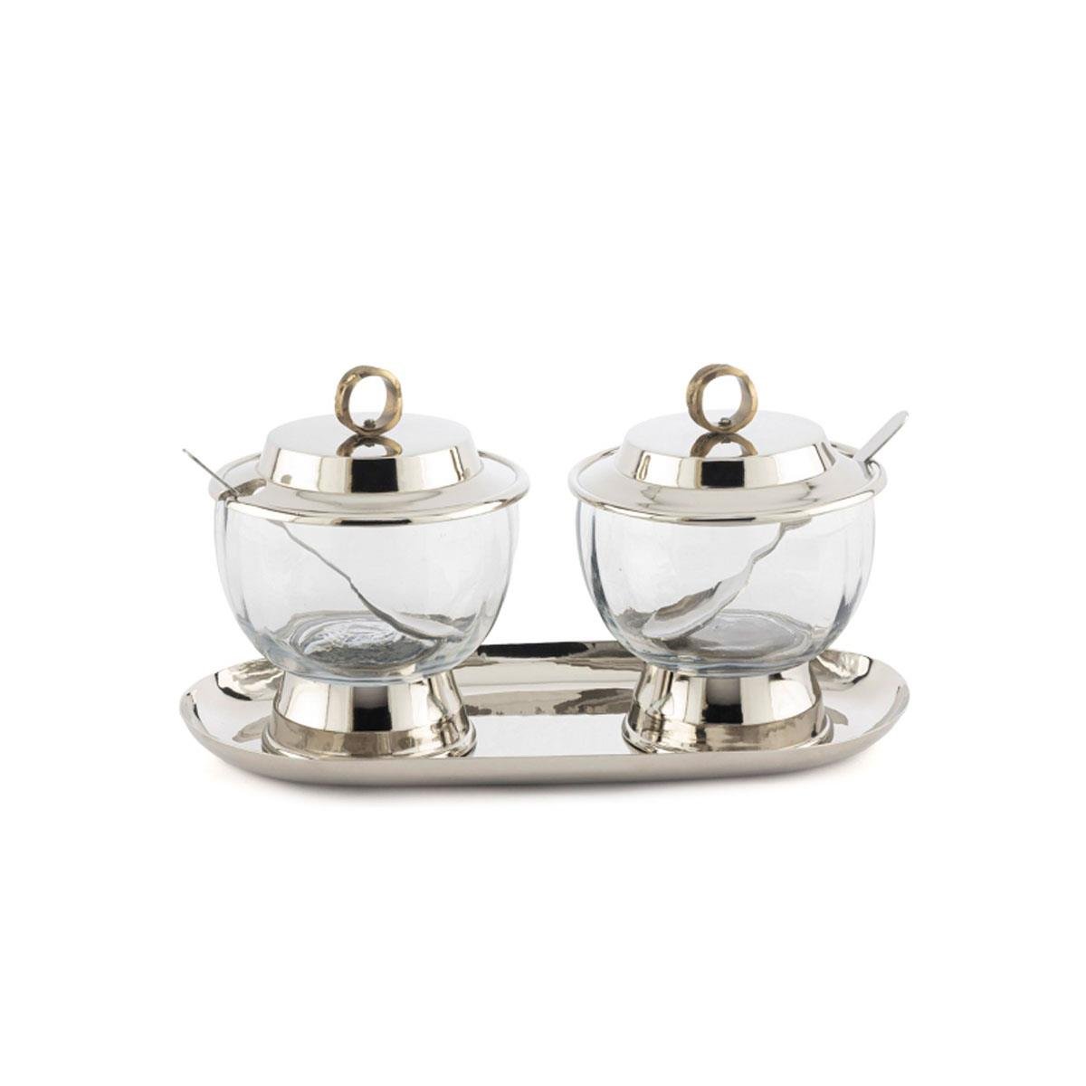 Mikasa Moor gümüş tepsili kapaklı 2'li kristal cam çerezlik ve reçellik seti