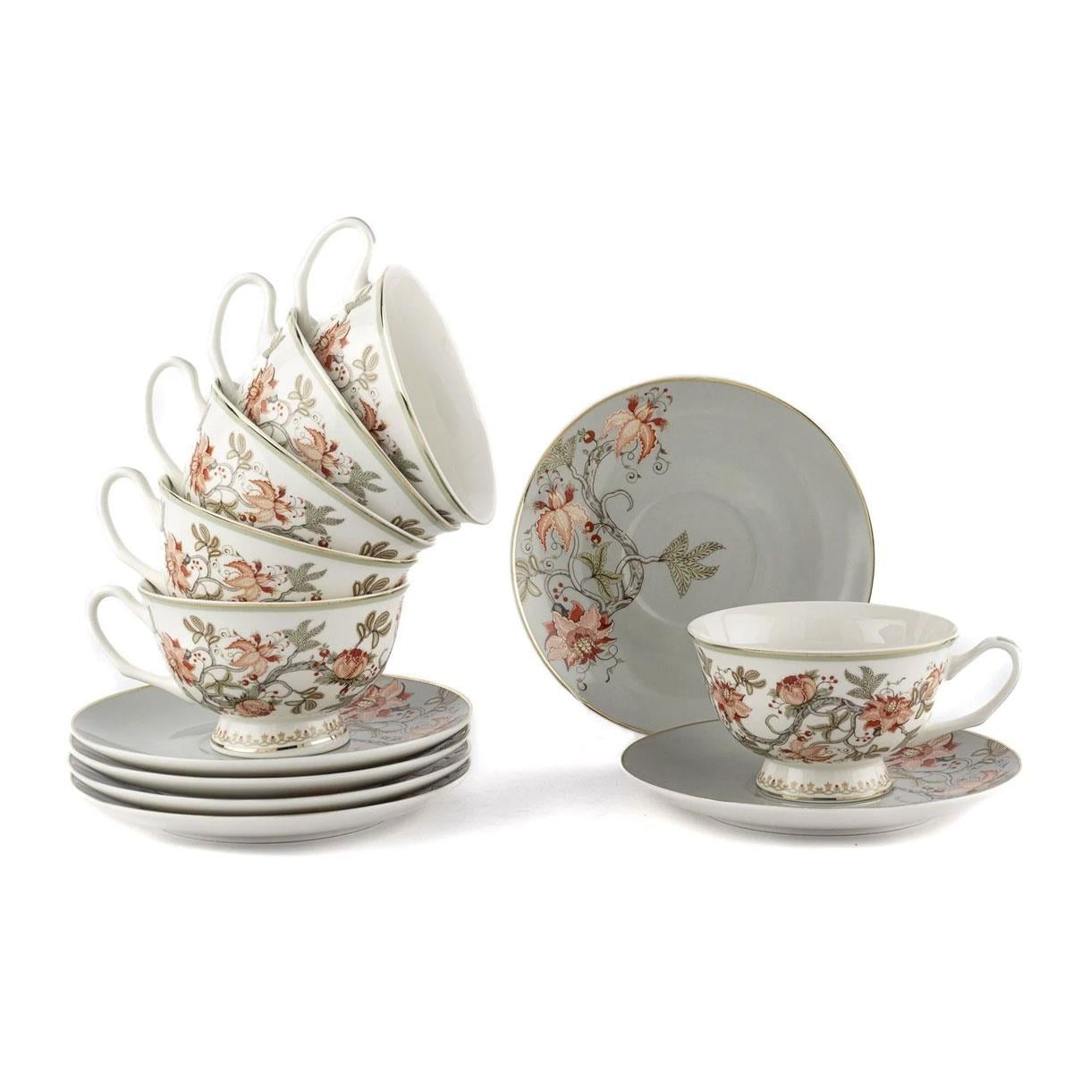 Mikasa Moor Mystic Floral 6'lı Porselen Çay Fincanı Seti 200cc - Oymalı Fincan ve Tabakları