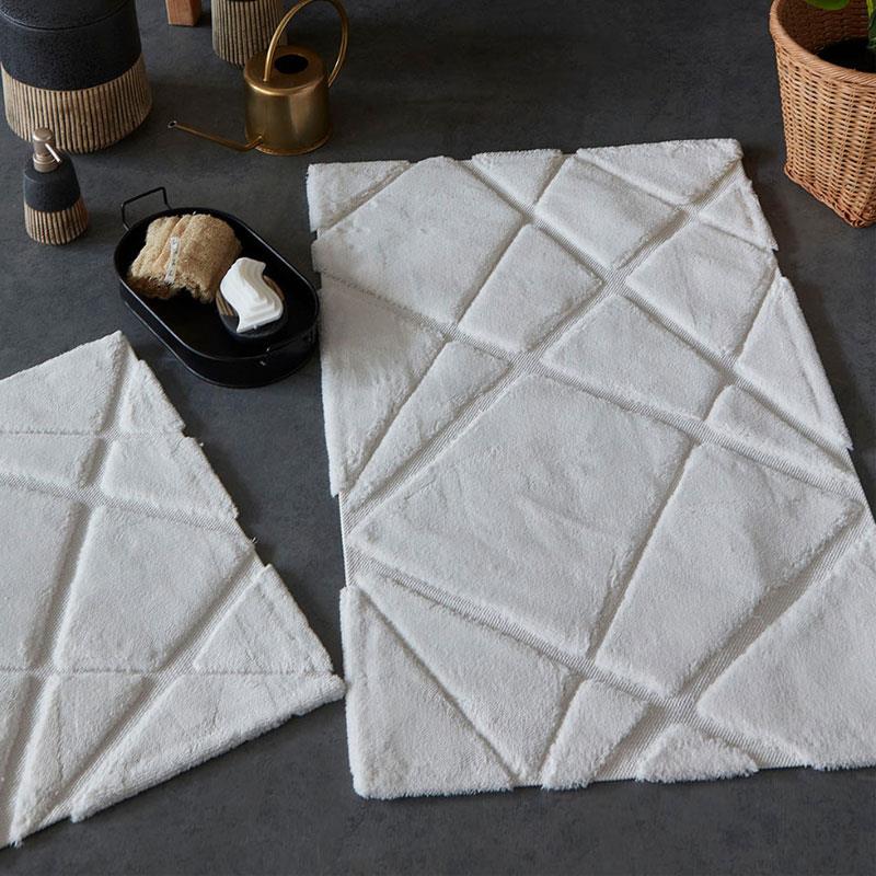 Modern ekru renkli asimetrik geometrik desenli 2'li banyo paspas seti - Çamlıca Home