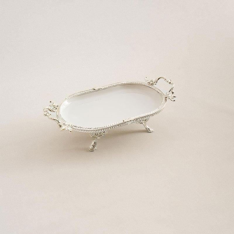 Oval Kulplu Porselen Sunum Tabağı 25 x 15 cm Gümüş - Çamlıca Home