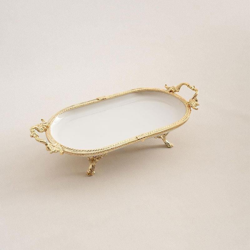 Oval Kulplu Porselen Sunum Tabağı 30 x 16 cm Altın - Çamlıca Home