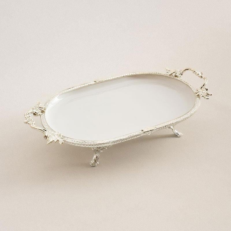 Oval Kulplu Porselen Sunum Tabağı 33 x 21 cm Gümüş - Çamlıca Home