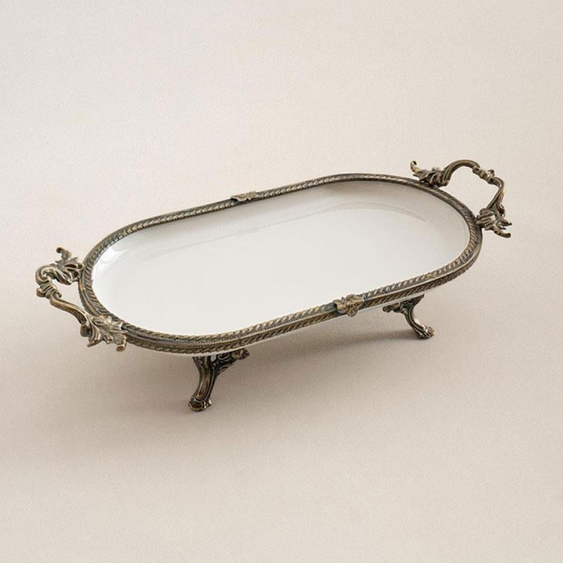 Oval Kulplu Porselen Sunum Tabağı 33 x 21 cm Eskitme - Çamlıca Home