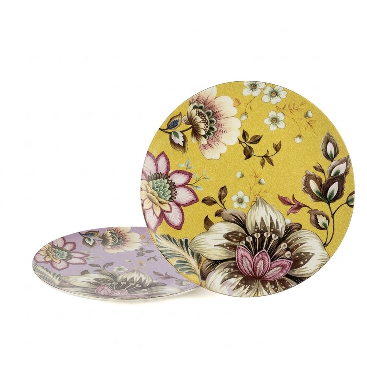 Çamlıca Home Peony serisi vintage oryantal şakayık ve rozet çiçek desenli altın yaldızlı lila ve sarı 2'li porselen servis ana yemek sunum tabağı seti beyaz zemin ürün çekimi 27 cm