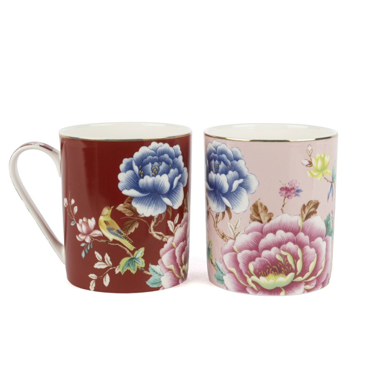 Çamlıca Home Verona pembe bordo şakayık ve kuş desenli 2li porselen kupa seti