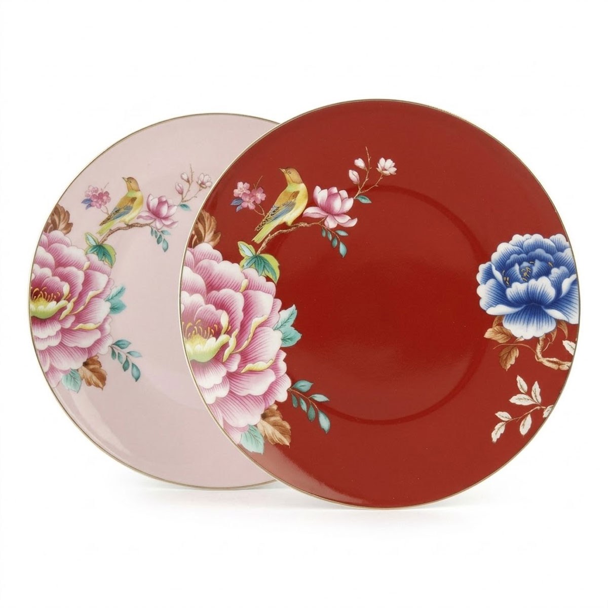 Çamlıca Home Verona pembe bordo kuş desenli 2li porselen pasta tabağı 21 cm