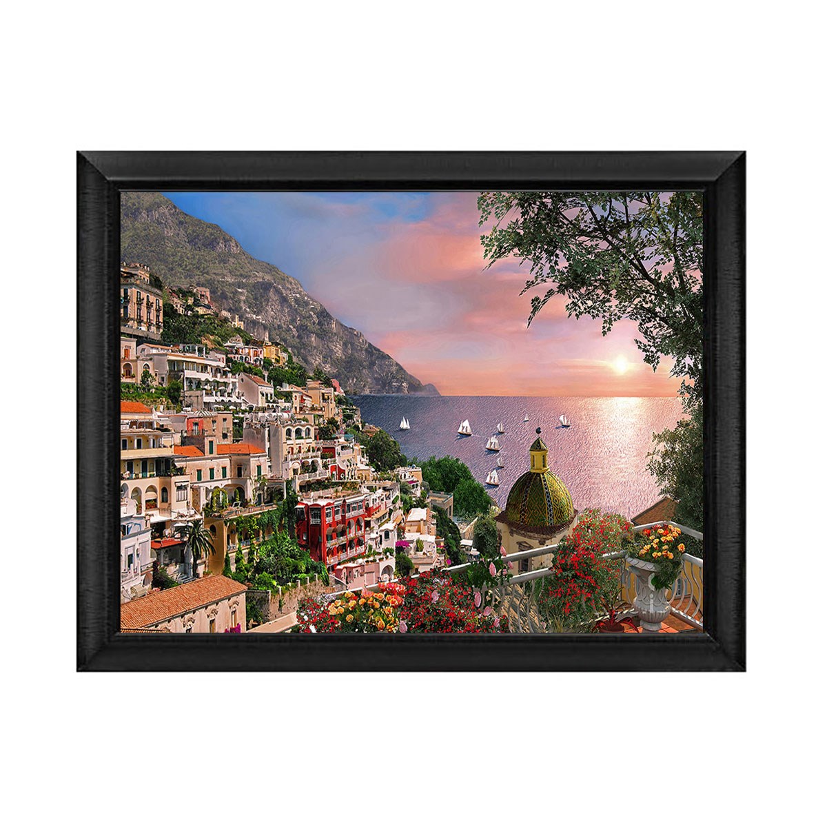 Siyah çerçeveli Positano sahil kasabası ve gün batımı manzaralı tablo ls-1826 - Çamlıca Home