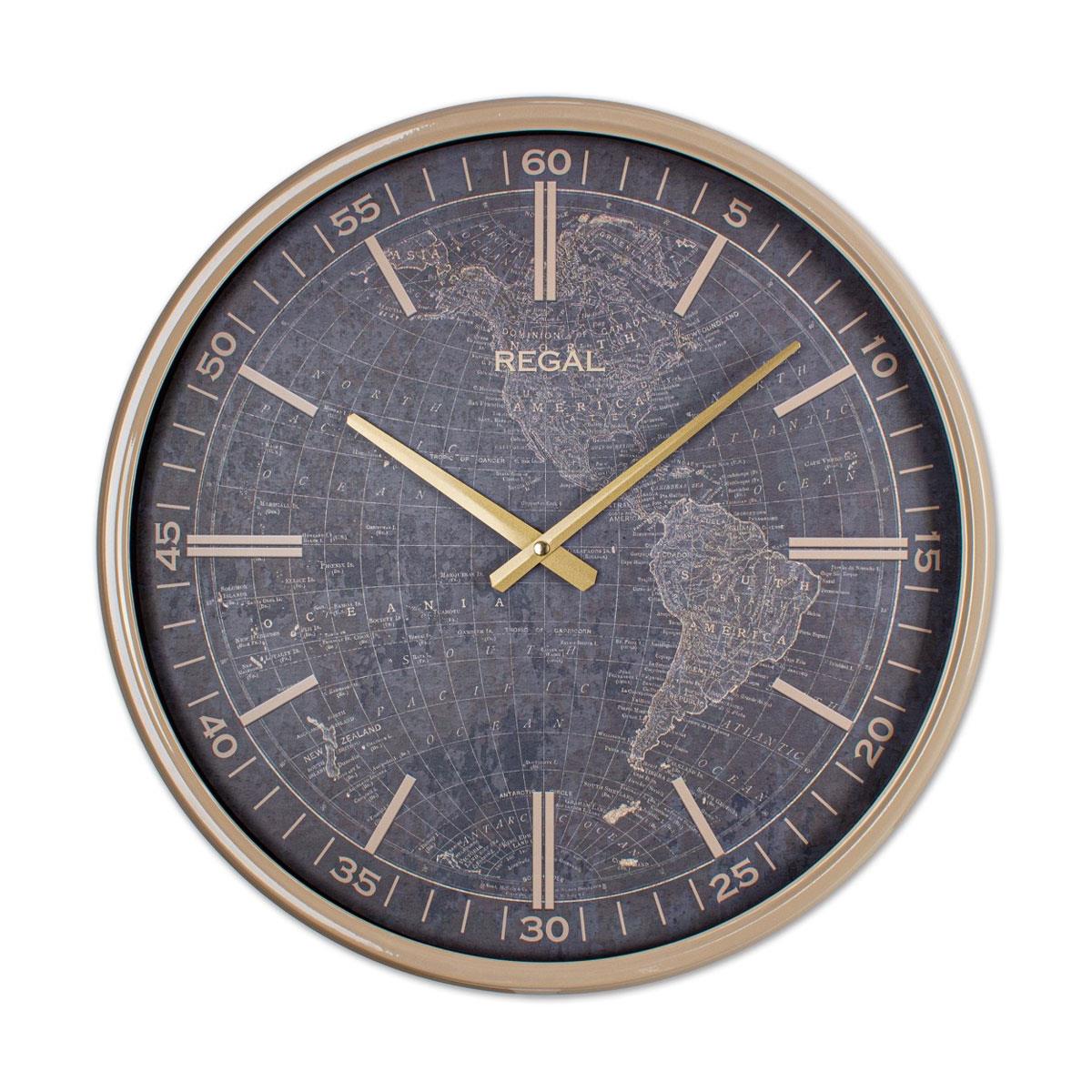 Regal Dünya Haritalı Vizon Metal Duvar Saati 51 cm - Büyük Boy, Eskitme Gold Rakam ve Harita Desenli
