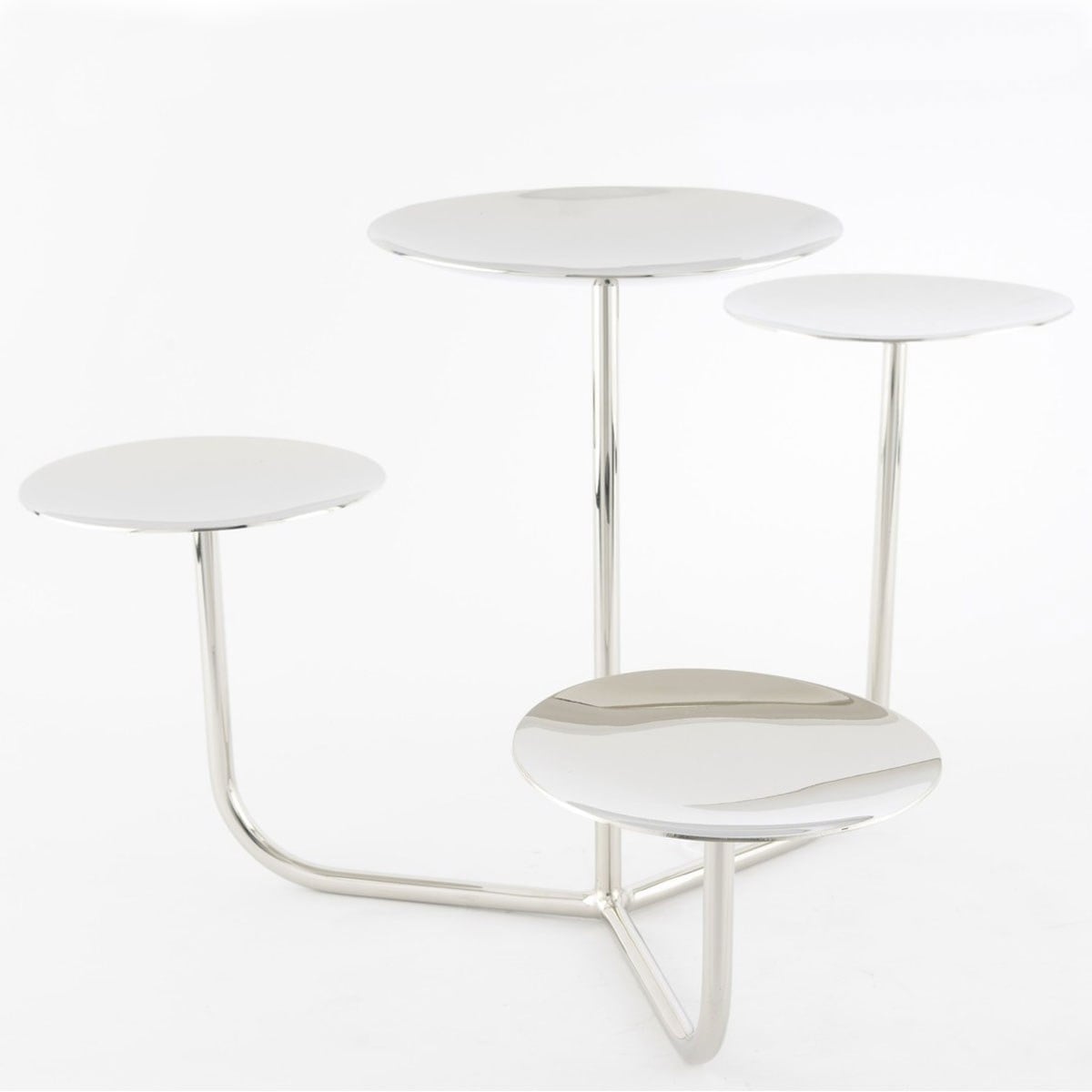 Çamlıca Home parlak gümüş krom kaplama 4 kademeli dairesel tablalı basamaklı metal pasta cupcake kurabiye ve meyve standı beyaz zemin ürün çekimi 40x26 cm