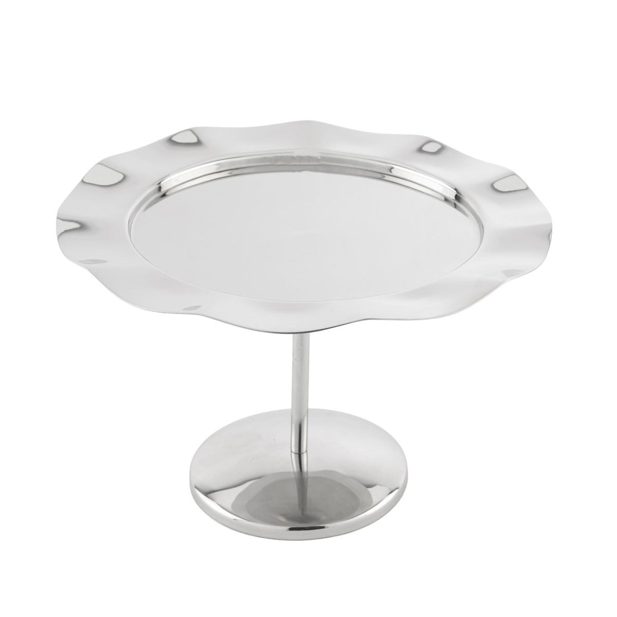 Çamlıca Home parlak gümüş krom kaplama dalgalı fırfır kenarlı silindirik gövdeli dairesel kaideli tek katlı ayaklı metal pasta kek kurabiye ve tatlı sunumluğu beyaz zemin ürün çekimi 21x14 cm