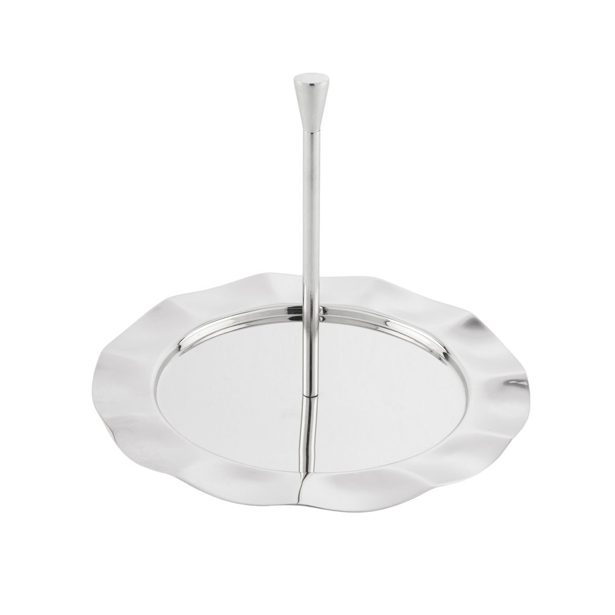 Çamlıca Home parlak gümüş krom kaplama dalgalı fırfır kenarlı minimalist dikey taşıma kulplu tek katlı metal pasta kurabiye ve lokum sunumluğu beyaz zemin ürün çekimi 21x17 cm