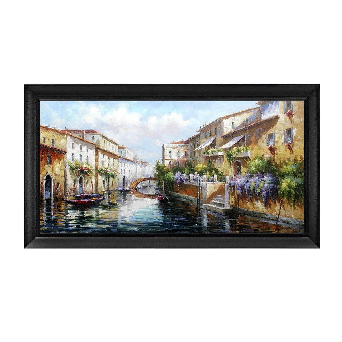 Siyah çerçeveli Venedik kanalı mor çiçekli evler ve gondollar manzaralı tablo ls-2613 - Çamlıca Home
