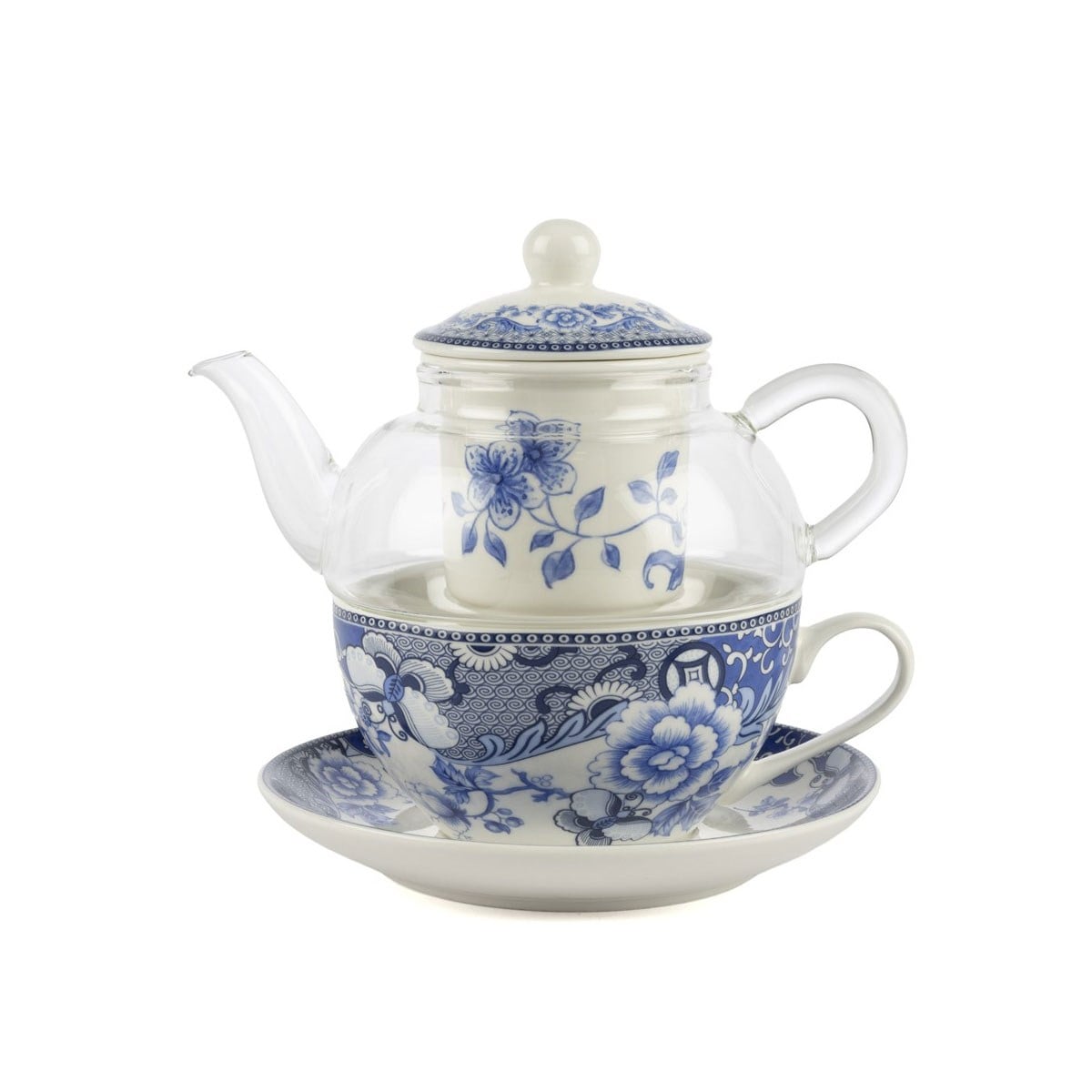 Çamlıca Home Blue Garden cam demlikli süzgeçli tek kişilik porselen çay takımı