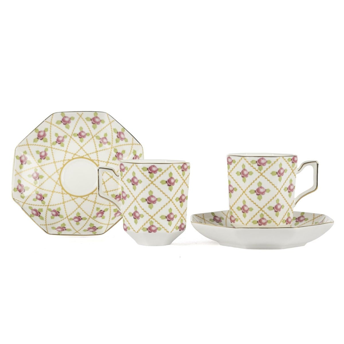 Çamlıca Home Rose Lattice gül kafes desenli 2 kişilik porselen kahve takımı