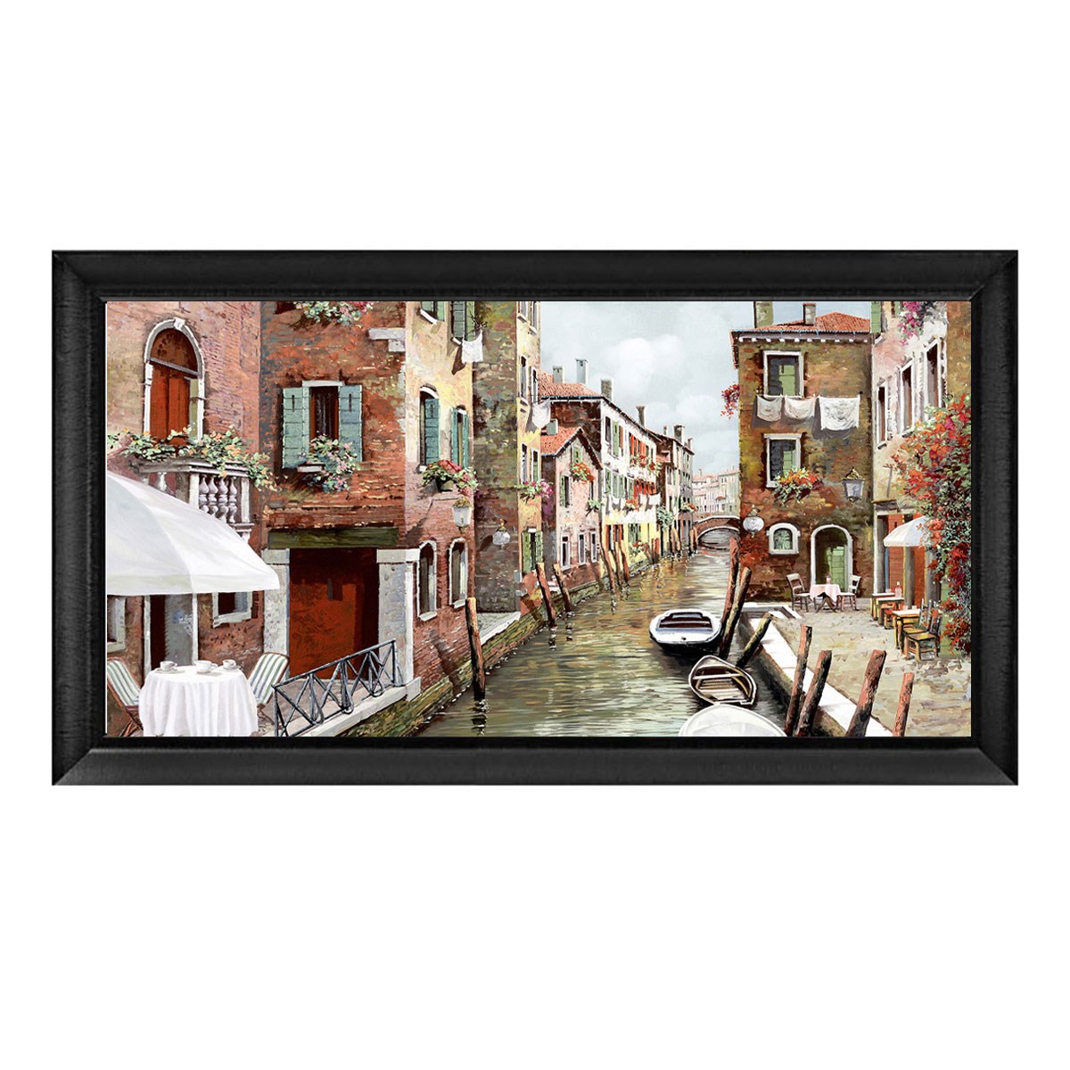 Siyah çerçeveli Venedik kanalı ve tarihi sokak kafesi manzaralı tablo ls-008 - Çamlıca Home