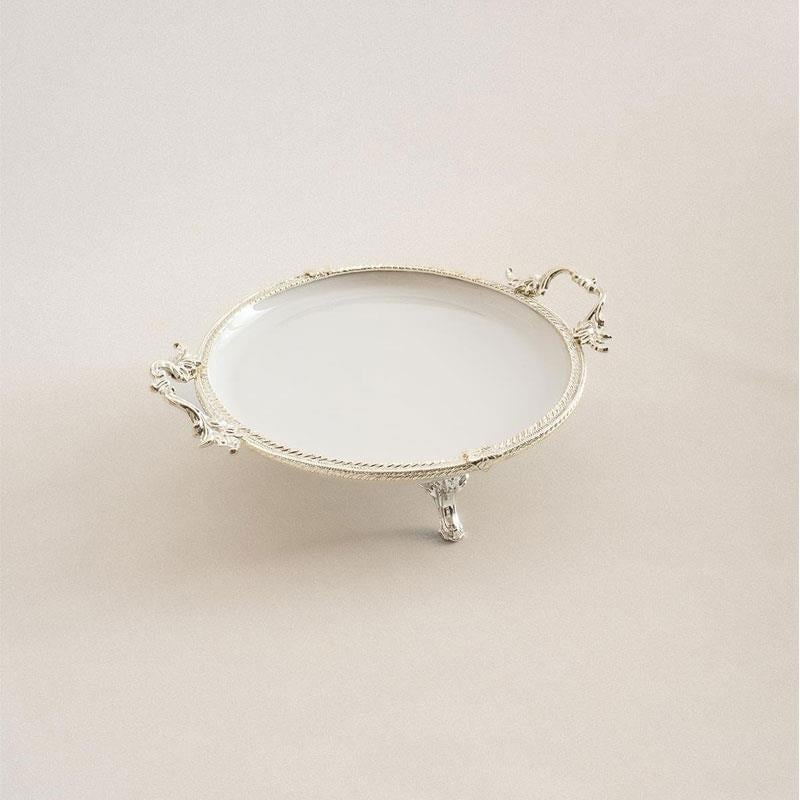 Yuvarlak Kulplu Porselen Sunum Tabağı 25 cm Gümüş - Çamlıca Home