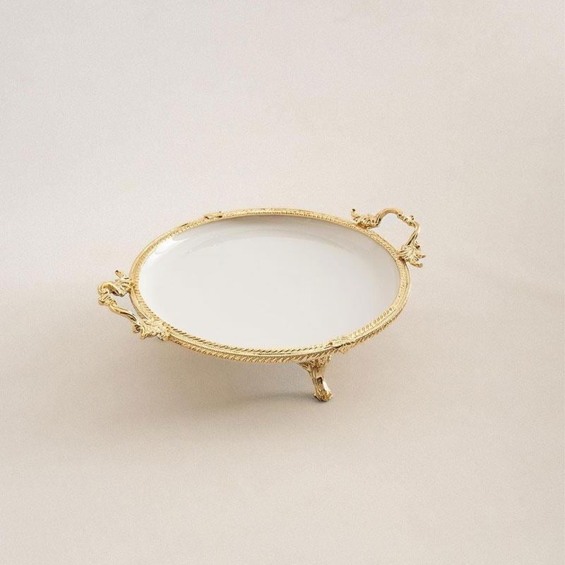 Yuvarlak Kulplu Porselen Sunum Tabağı 25 cm Altın - Çamlıca Home