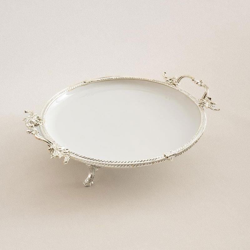 Yuvarlak Kulplu Porselen Sunum Tabağı 29 cm Gümüş - Çamlıca Home