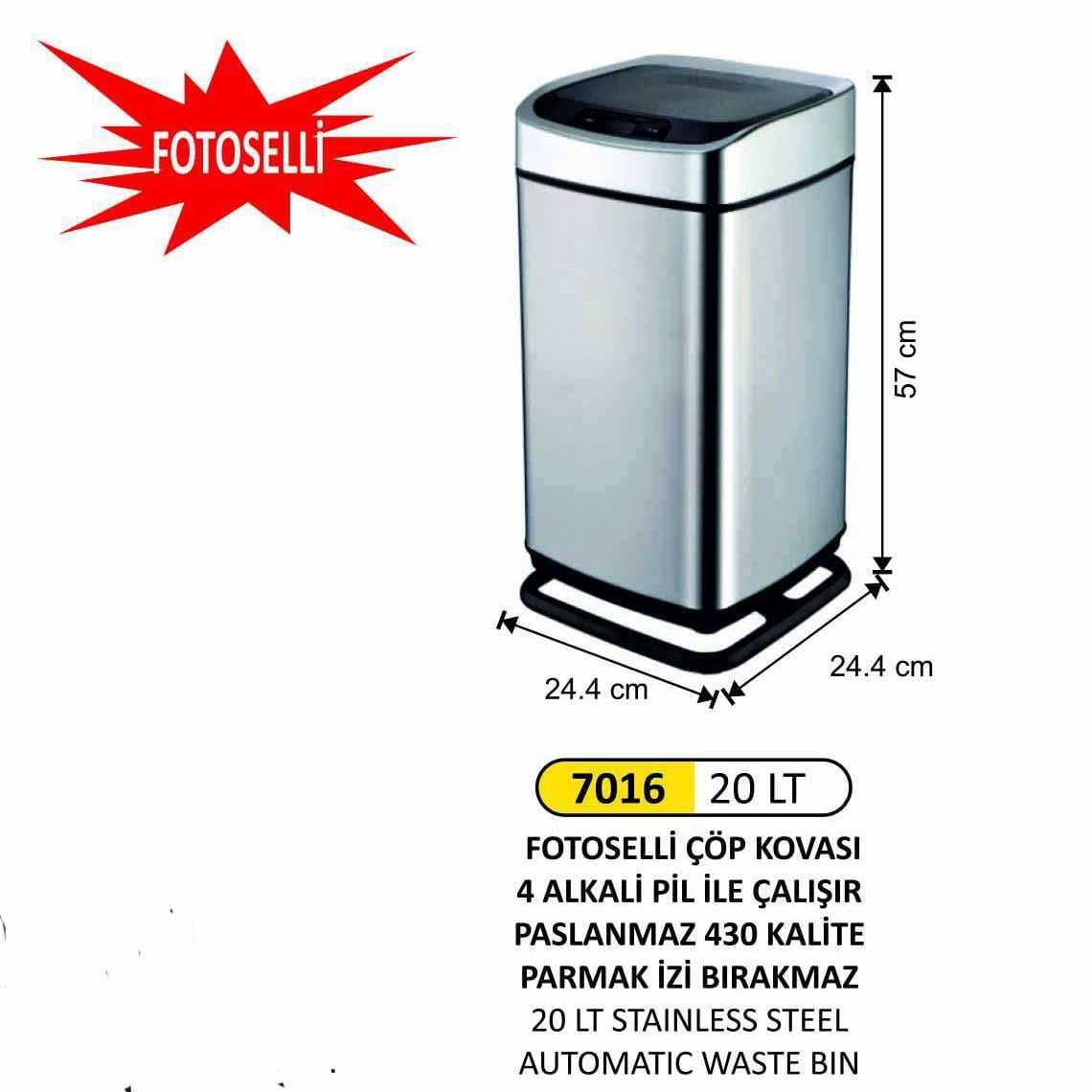 20 LT FOTOSELLİ ÇÖP KOVASI  (PASLANMAZ, 430 KALİTE, PARMAK İZİ BIRAKMAZ)