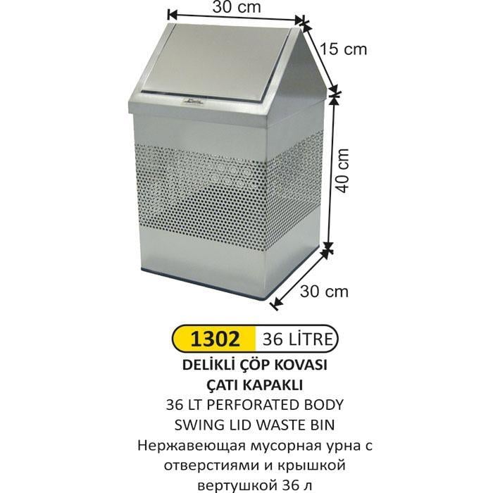 36 LT ÇATI KAPAKLI GÖVDE DELİKLİ PASLANMAZ ÇÖP KOVASI 