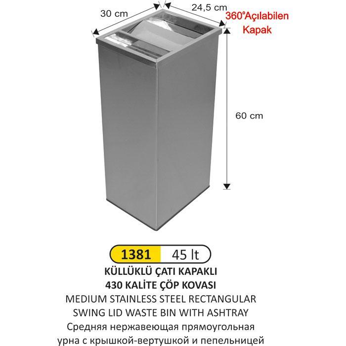45 LT KÜLLÜKLÜ ÇATI KAPAKLI ÇÖP KOVASI