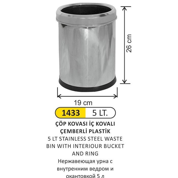 5 LT PLASTİK İÇ KOVALI ÇEMBERLİ PASLANMAZ ÇÖP KOVASI
