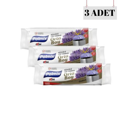 POLMİX 55*60 BÜZGÜLÜ LAVANTA KOKULU BÜYÜK ÇÖP POŞETİ (3 ADET)