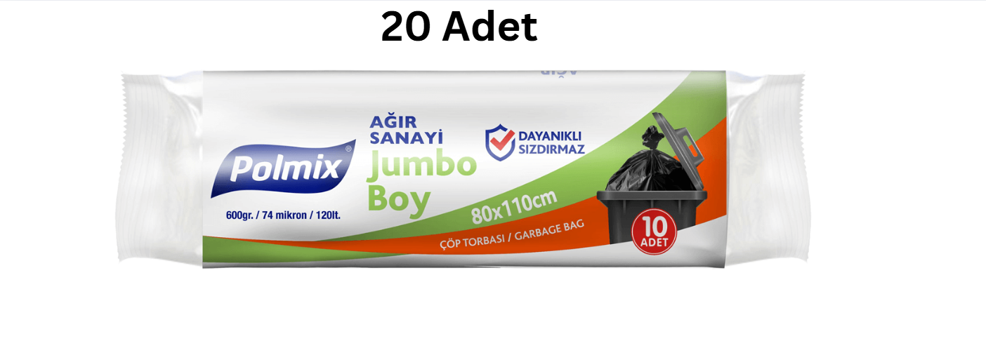POLMİX ENDÜSTRİYEL JUMBO 80X110 BOY SİYAH ÇÖP POŞETİ 600'GR (20 ADET)