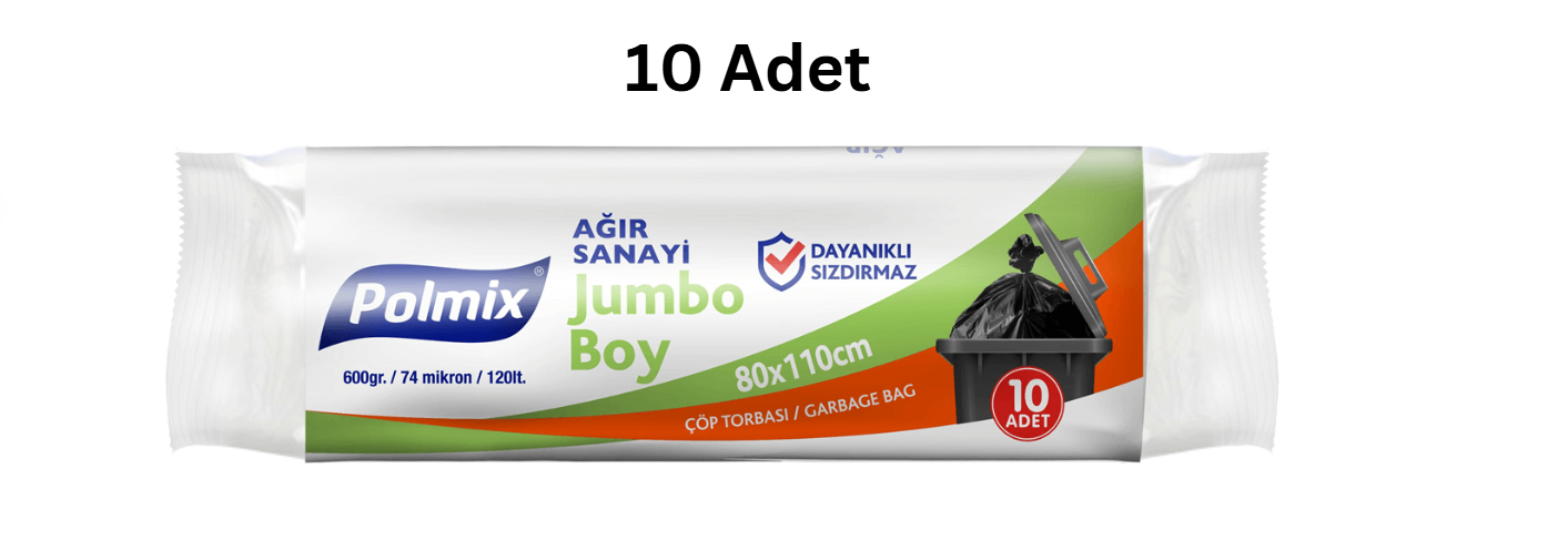 POLMİX ENDÜSTRİYEL JUMBO 80X110 BOY SİYAH ÇÖP POŞETİ 600'GR (10 ADET)