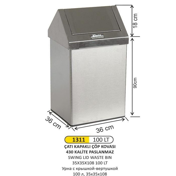100 LT ÇATI KAPAKLI PASLANMAZ ÇÖP KOVASI