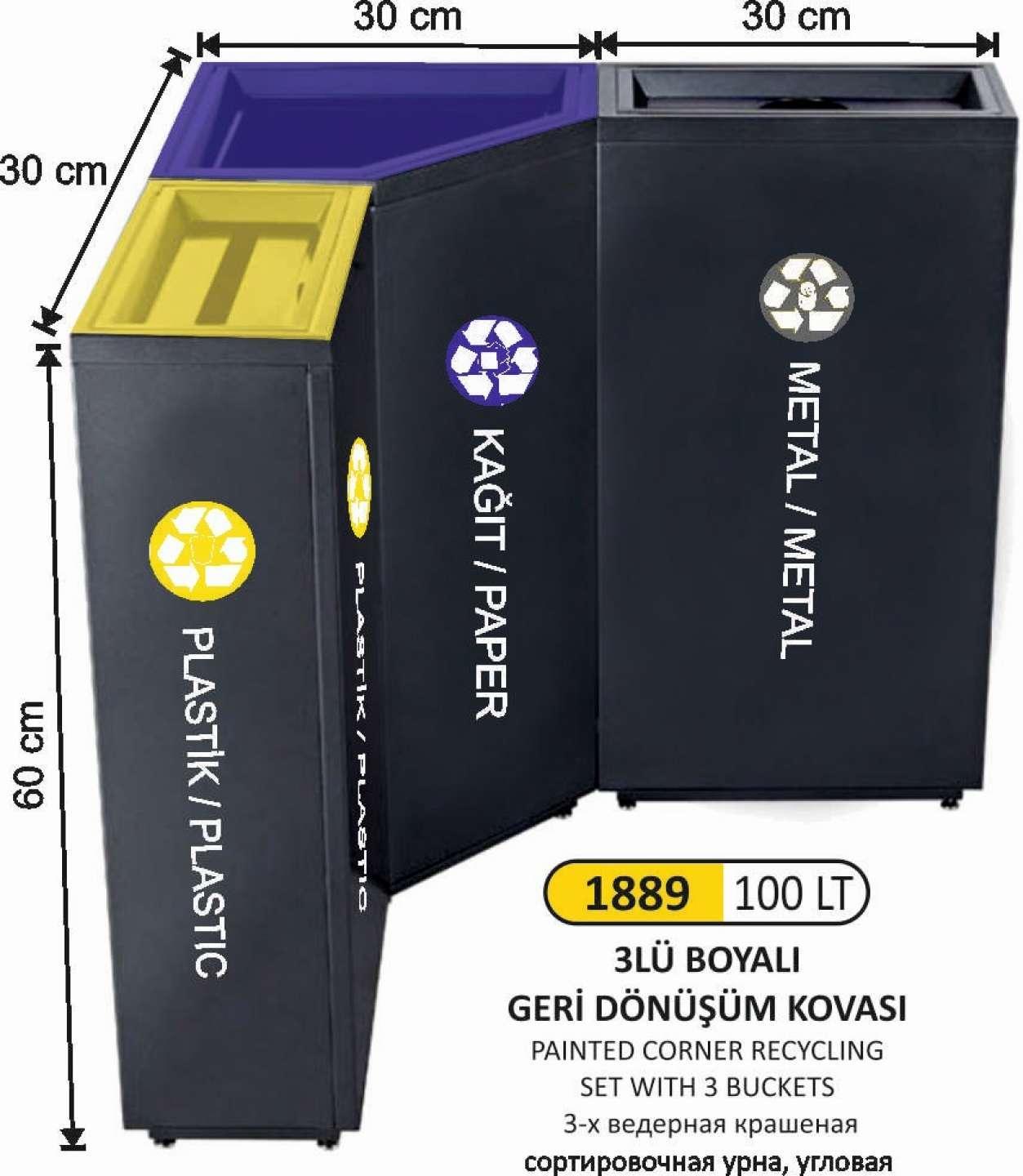 100 LT ÜÇLÜ GERİ DÖNÜŞÜM ÇÖP KOVASI BOYALI