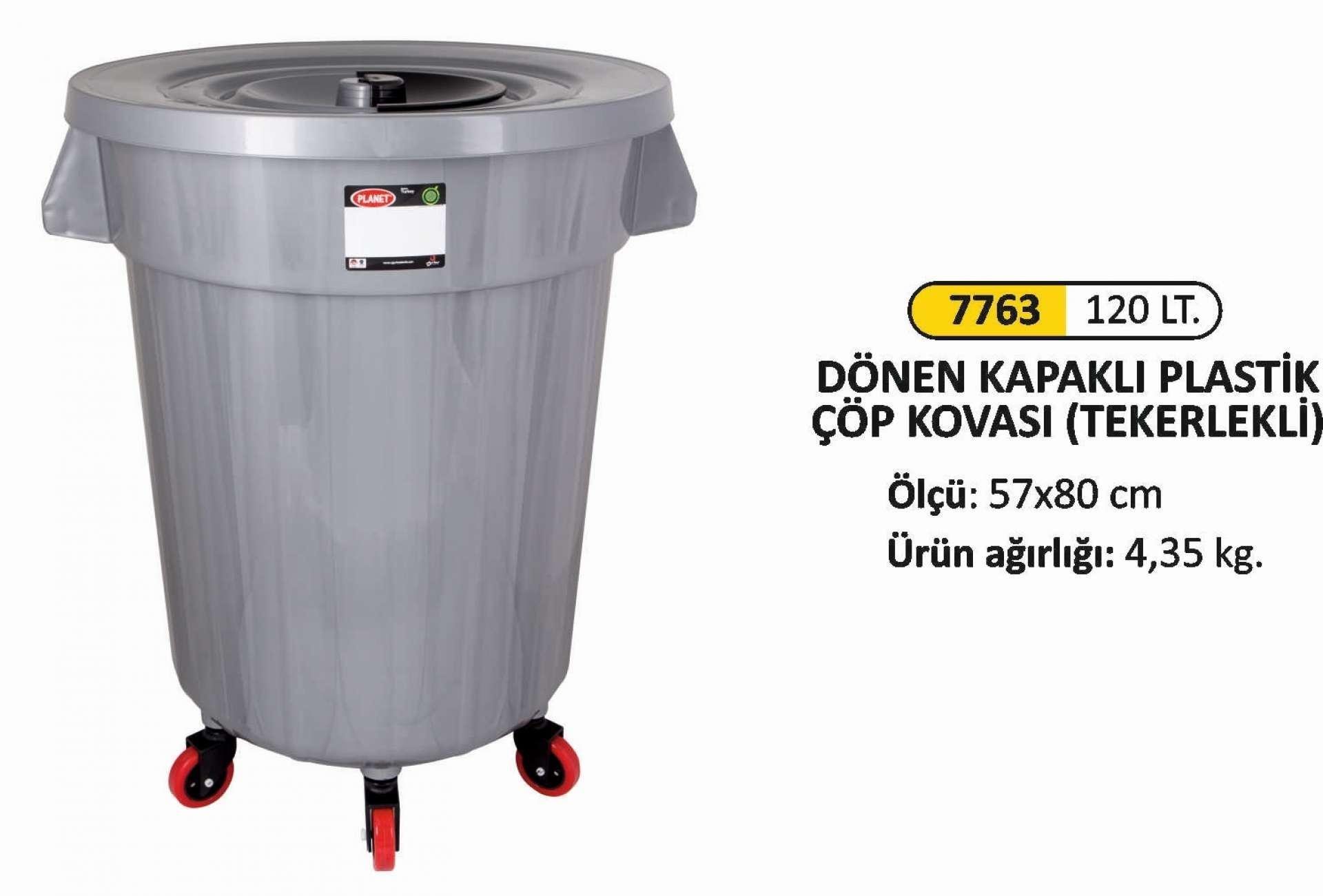 120 LT TEKERLEKLİ PLASTİK DÖNEN KAPAKLI ÇÖP KOVASI 