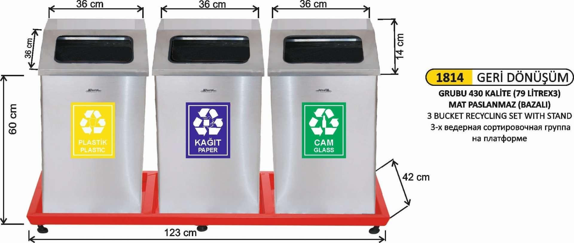 3 BÖLMELİ MAT PASLANMAZ GERİ DÖNÜŞÜM SETİ 