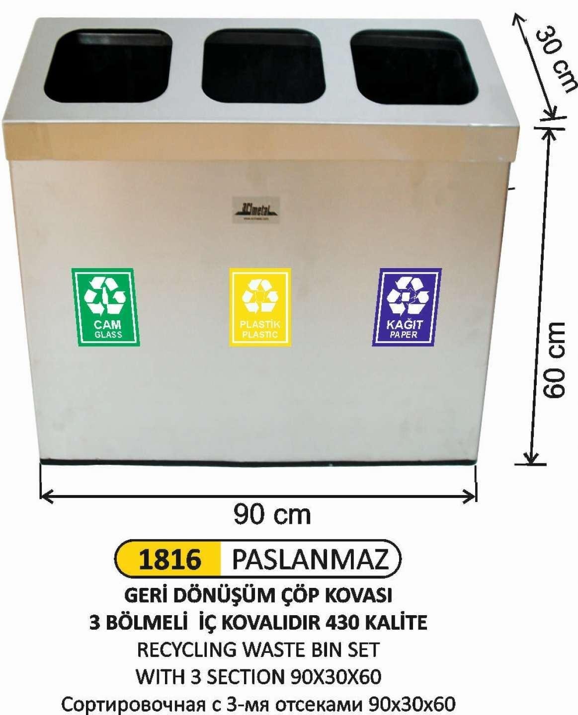 3'LÜ PASLANMAZ ÇELİK GERİ DÖNÜŞÜM ÇÖP KOVASI 
