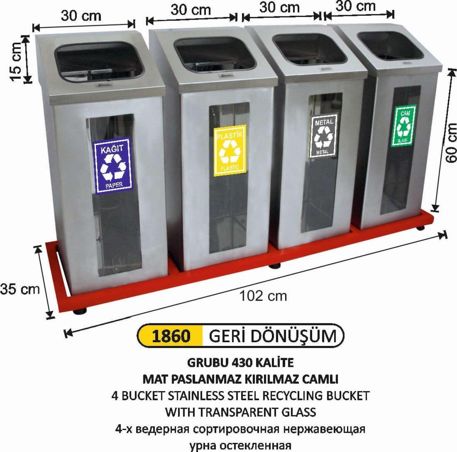 4 BÖLMELİ KIRILMAZ CAMLI MAT PASLANMAZ GERİ DÖNÜŞÜM SETİ 