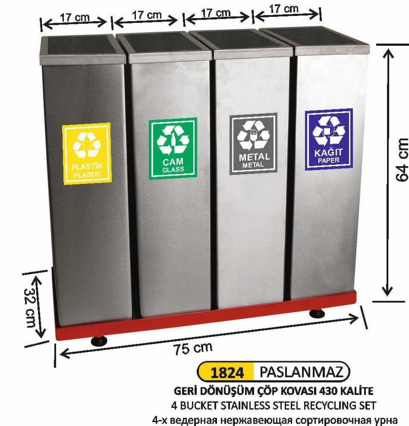 4 BÖLMELİ PASLANMAZ ÇELİK GERİ DÖNÜŞÜM SETİ 