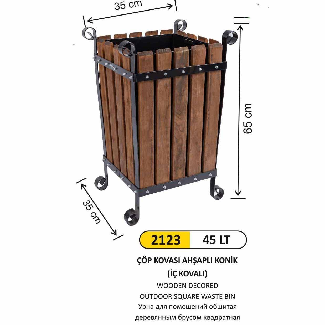 45 LT İÇ KOVALI AHŞAPLI KONİK ÇÖP KOVASI 