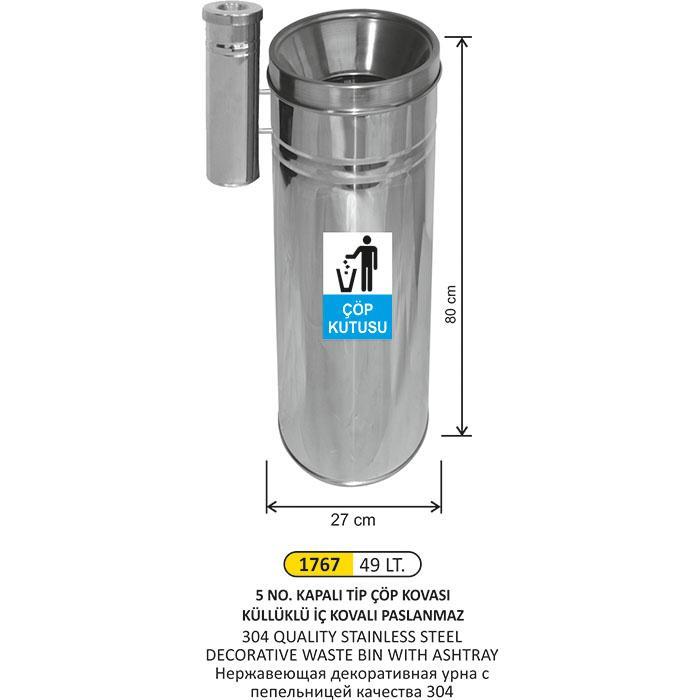 49 LT N0:5 KAPALI TİP ÇÖP KOVASI KÜLLÜKLÜ İÇ KOVALI PASLANMAZ 