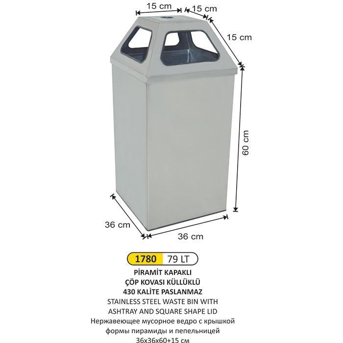 79 LT PİRAMİT KAPAKLI KÜLLÜKLÜ ÇÖP KOVASI