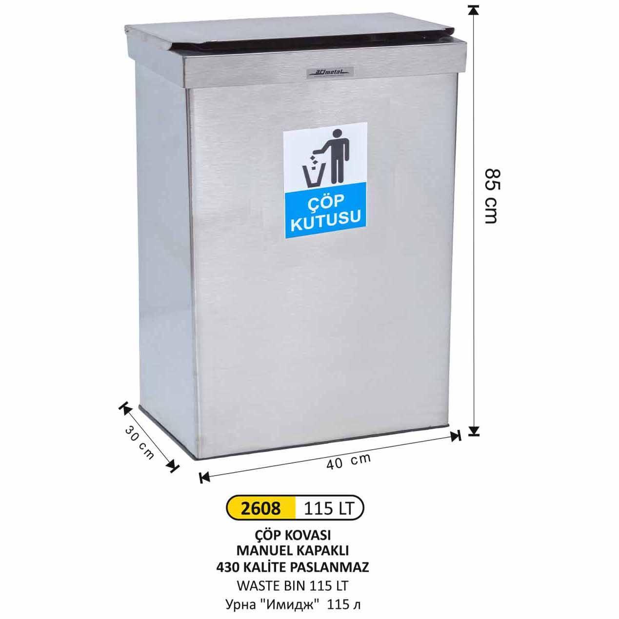 DİKDÖRTGEN ÇÖP KOVASI PASLANMAZ MANUEL KAPAKLI BÜYÜK