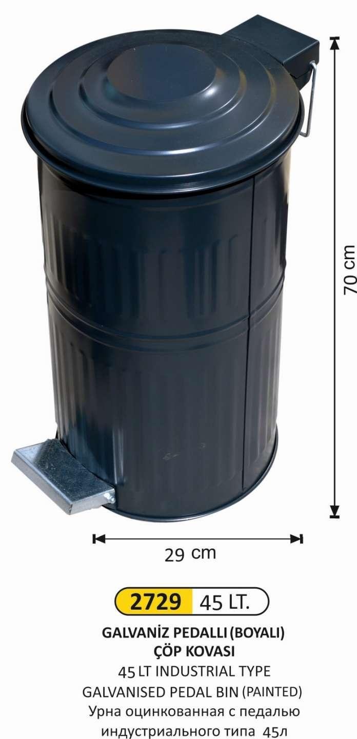 GALVANİZ BOYALI ÇÖP KOVASI 5 NO 45 LT DİK PEDALLI 29x70 CM