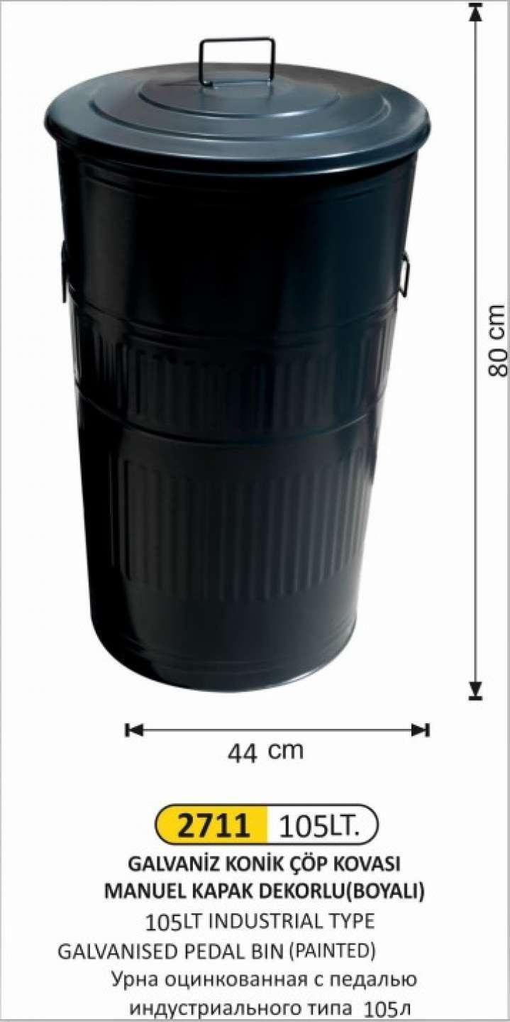GALVANİZ ÇÖP KOVASI 5 NO 105 LT KONİK MANUEL KAPAKLI BOYALI 44x80