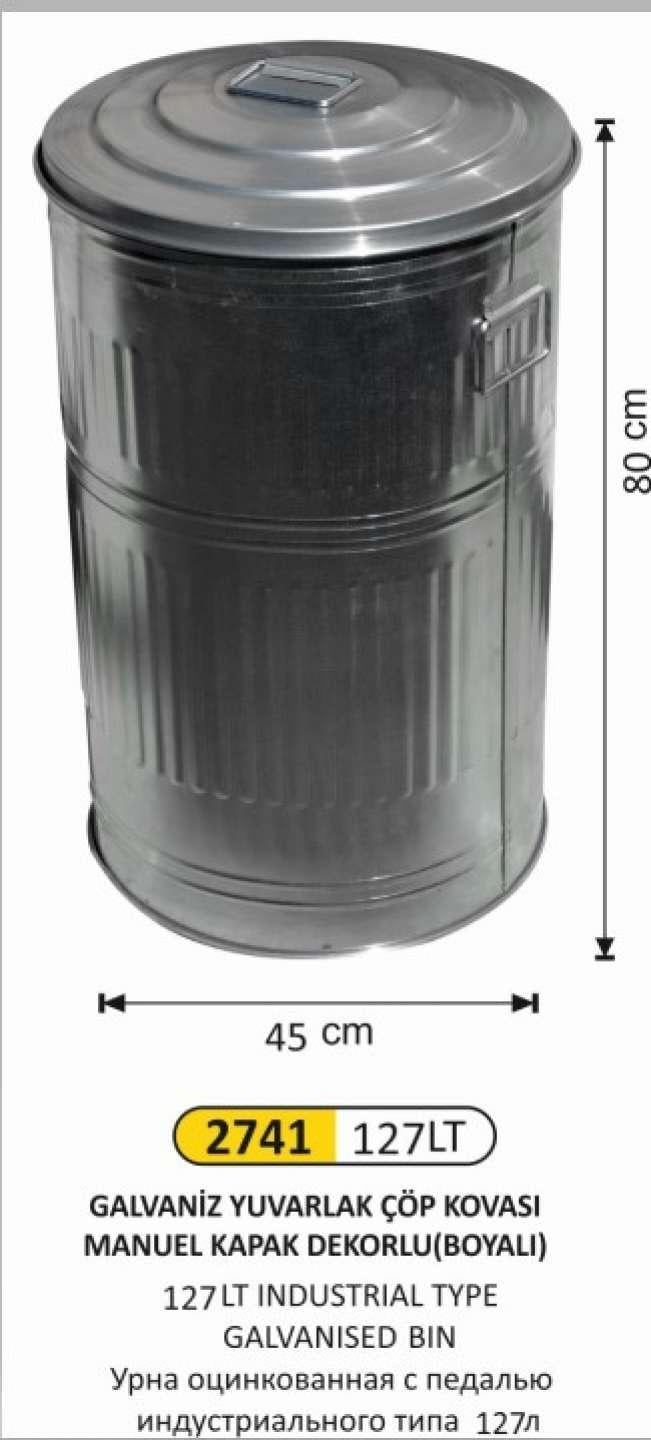 GALVANİZ ÇÖP KOVASI 5 NO MANUEL KAPAKLI 127 LİTRE 45x80 CM