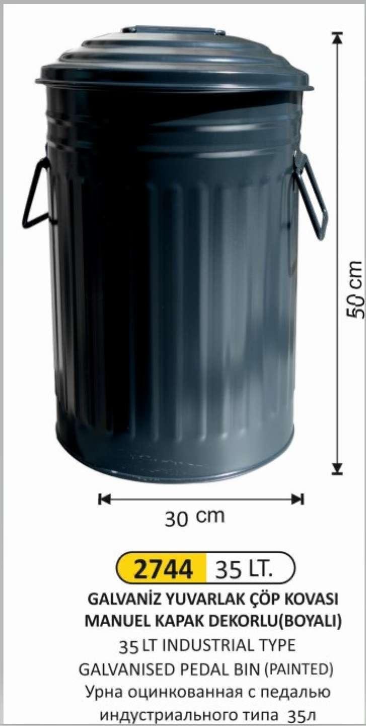 GALVANİZ ÇÖP KOVASI BOYALI 2 NO MANUEL KAPAKLI 35 LİTRE 30x50 CM