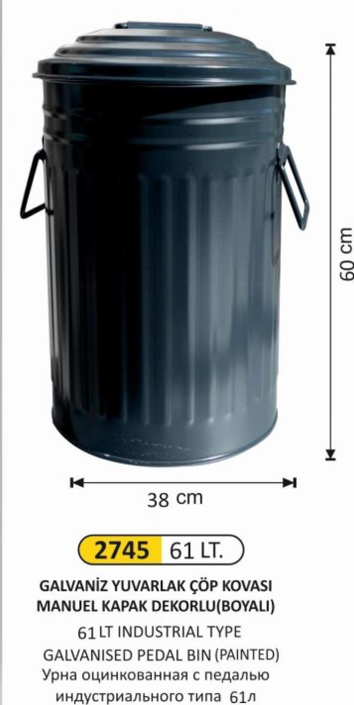 GALVANİZ ÇÖP KOVASI BOYALI 3 NO MANUEL KAPAKLI 61 LİTRE 38x60 CM