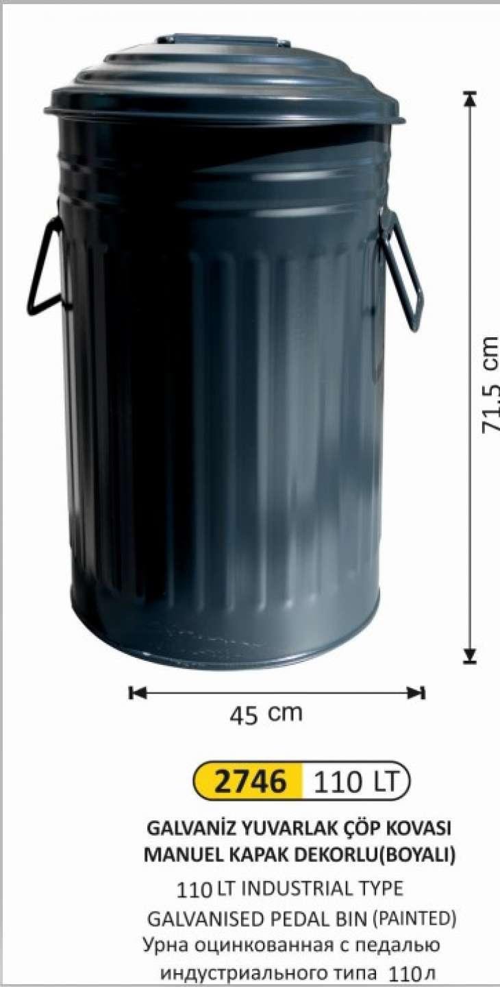 GALVANİZ ÇÖP KOVASI BOYALI 4 NO MANUEL KAPAKLI 113 LİTRE 44x70 CM